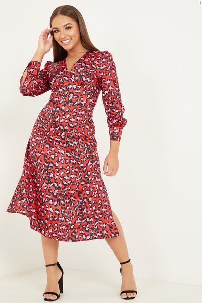 Petite Red Leopard Satin Midi Dress